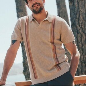 Guayabera cuba Tan Polo with Red, orange Yellow Stripes #79 by Marine Layer